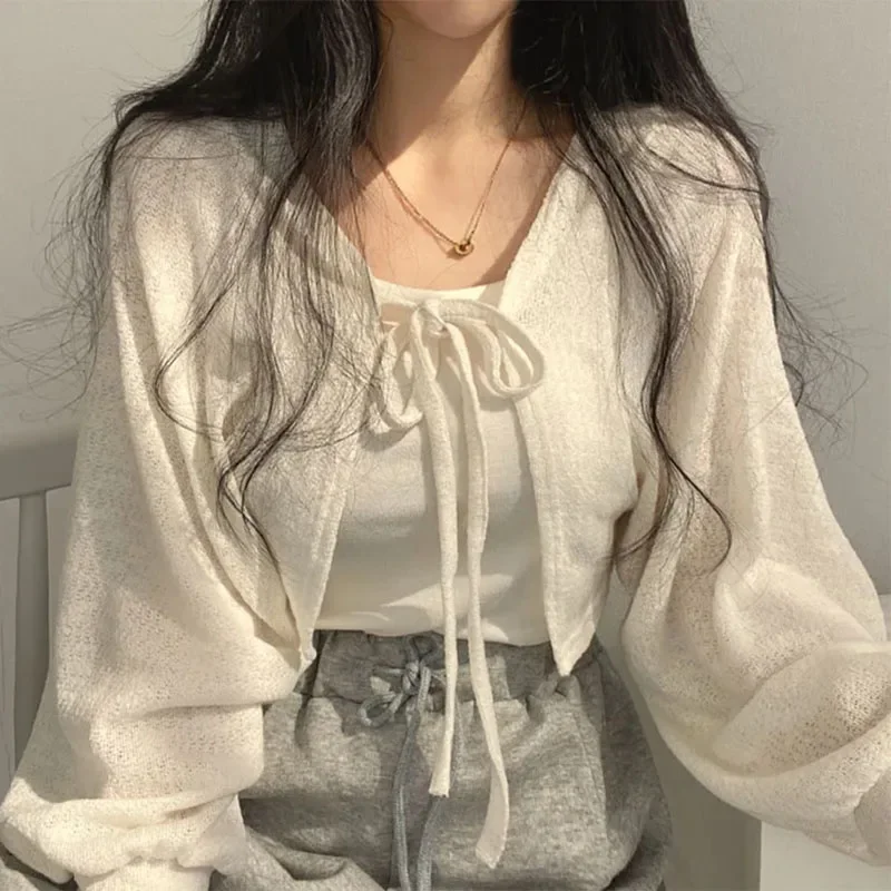 Korean Street Fashion Female - 여름 여성 니트 카디건 흰색 얇은