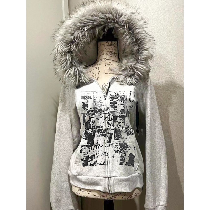 Street Fashion Zip Up Hoodie - 그레이 가짜 모피 울 더블 지퍼