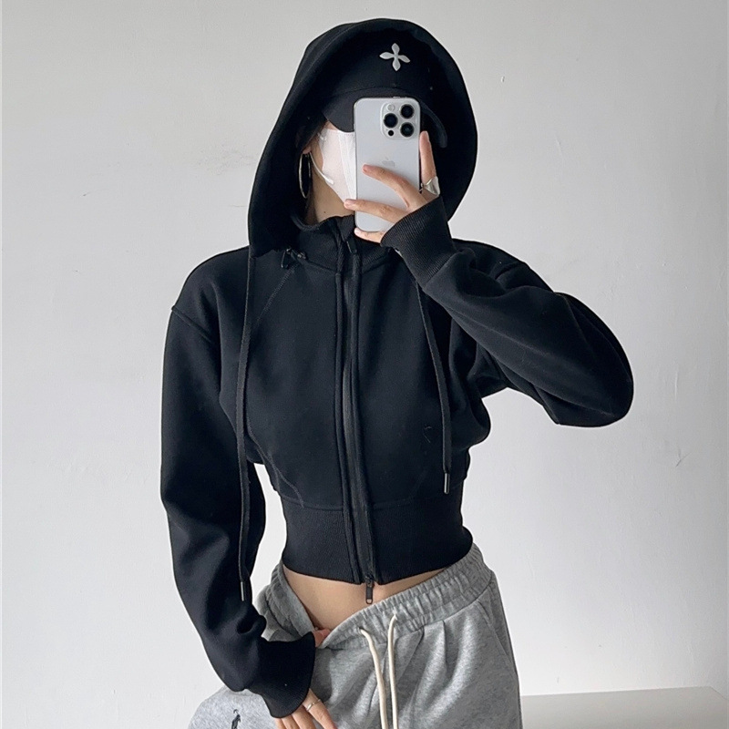 Street Fashion Zip Up Hoodie - 여성 크롭 후드티 스웨트셔츠 패션 솔리드