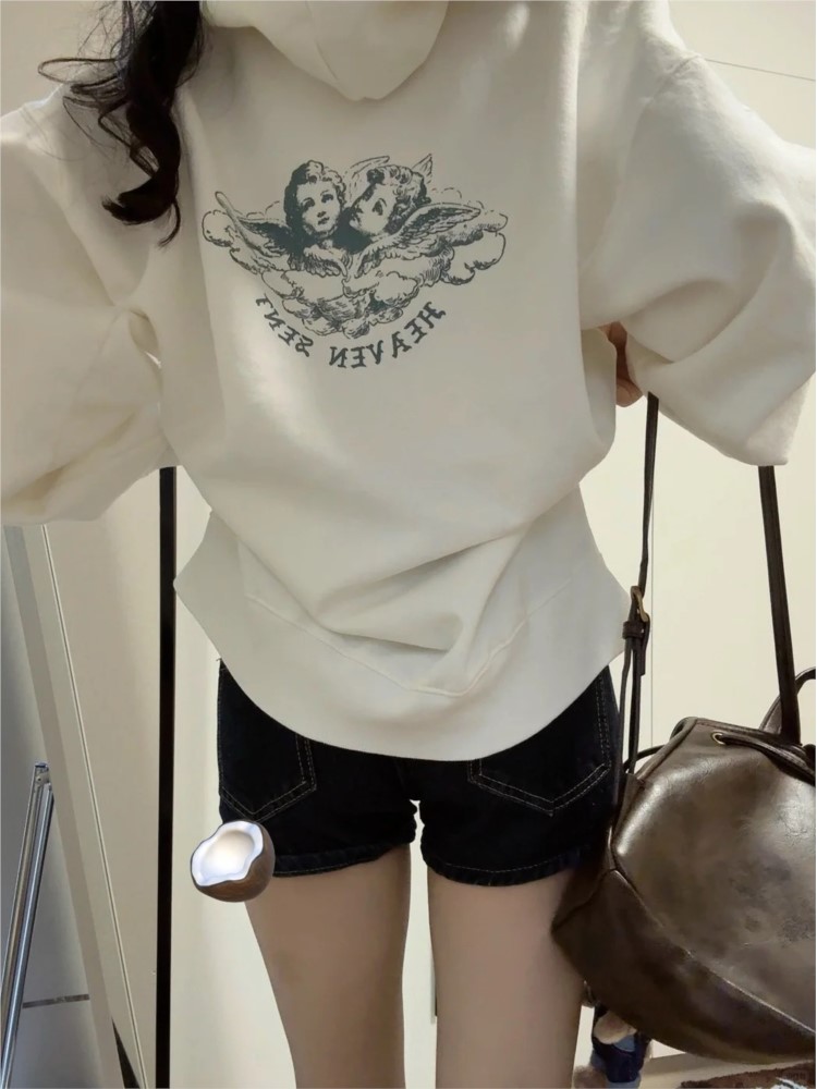 Street Fashion Zip Up Hoodie - 화이트 빈티지 지퍼 업 후드티 여성