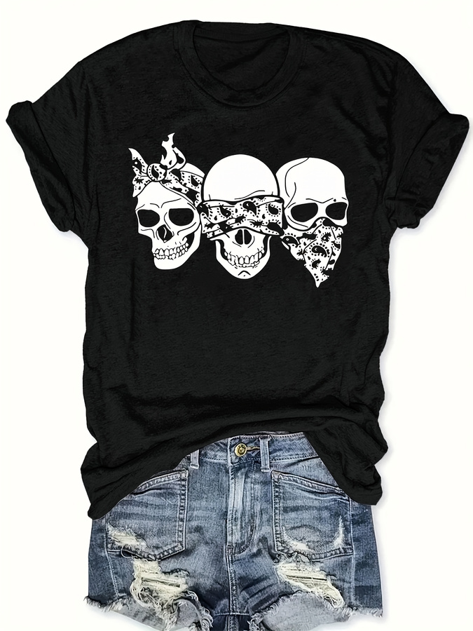 Street Fashion Trends 2025 - 해피 카툰 스컬 티셔츠, 루즈핏, 라운드넥,