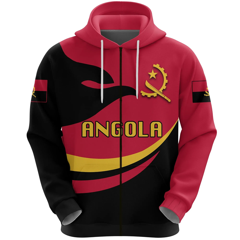 Street Fashion Zip Up Hoodie - 앙골라지도 아프리카 국가 그래픽 풀오버, 앙골라