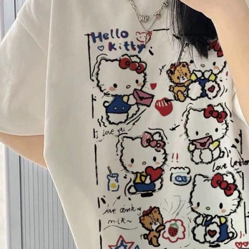 Street Fashion Jersey - 반팔 여름 헬로키티 그래피티 프린트 티셔츠