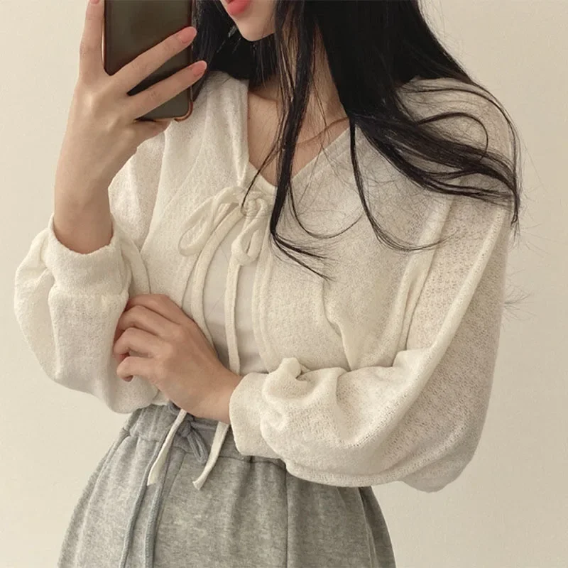 여름 여성 니트 카디건 흰색 얇은 선 스크린 레이스 업 - Korean Street Fashion Female 리뷰 및 가격