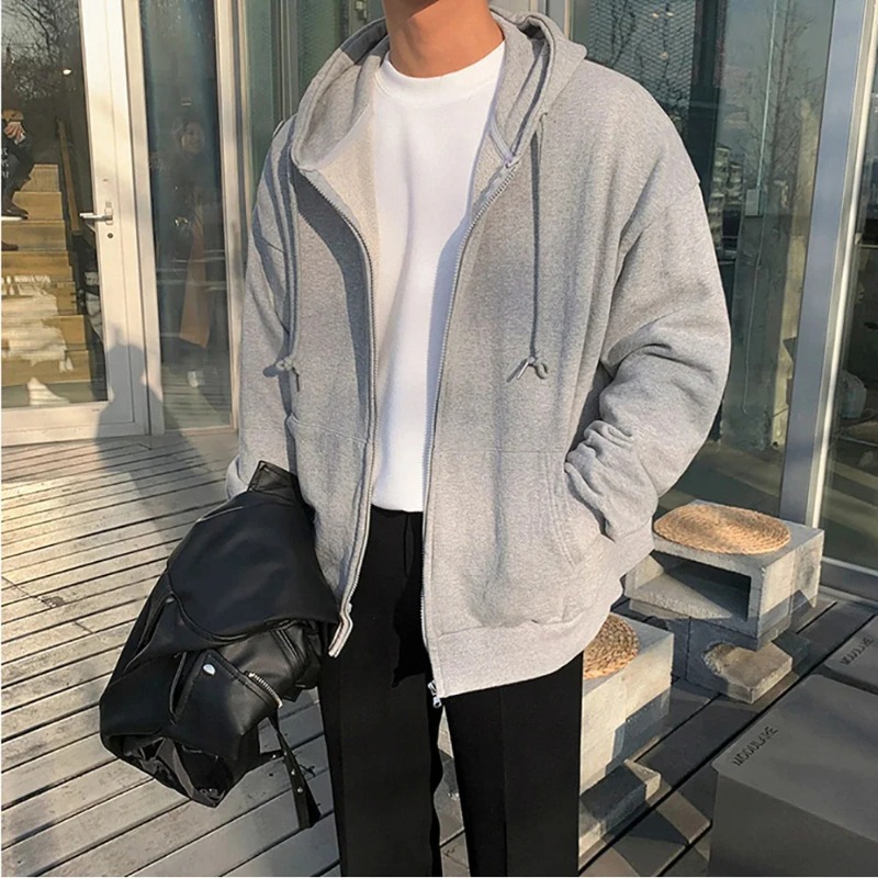 하이 스트리트 후드티 남성 단색 지퍼업 긴팔 루즈핏 재 - Street Fashion Zip Up Hoodie 리뷰 및 가격