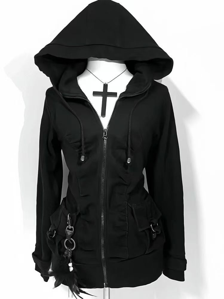 블랙 패션 신상 트렌드 여성 캐주얼 후드티 레트로 고딕 - Street Fashion Zip Up Hoodie 리뷰 및 가격