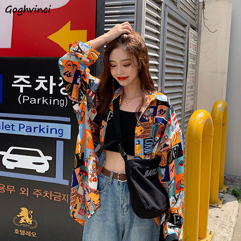 여성용 얇은 프린트 셔츠, 다채로운 루즈 힙합 스트리트 - Korean Street Fashion Female 리뷰 및 가격