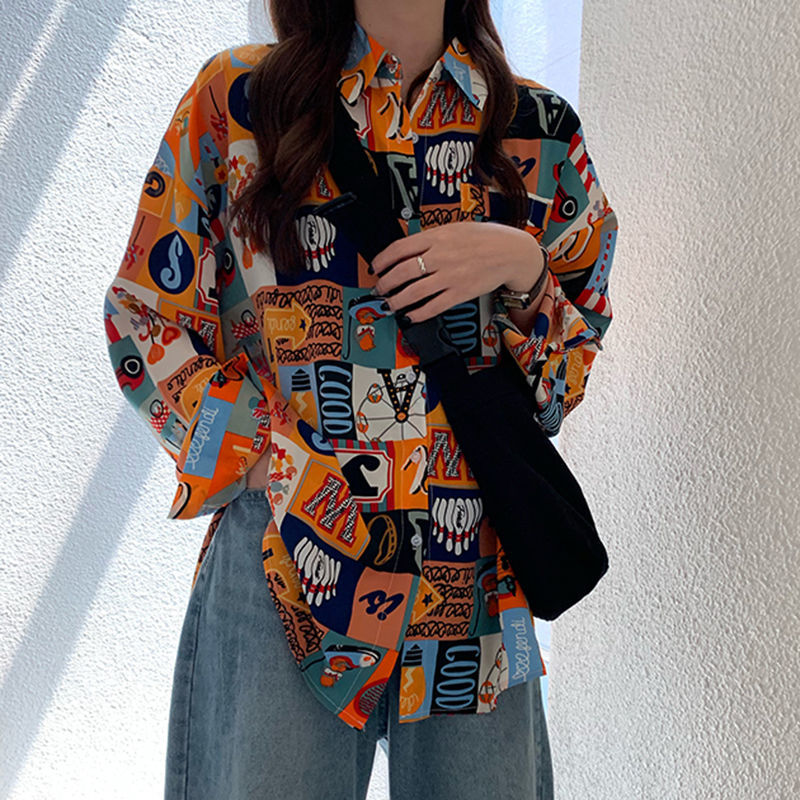 여성용 얇은 프린트 셔츠, 다채로운 루즈 힙합 스트리트 - Korean Street Fashion Female 리뷰 및 가격