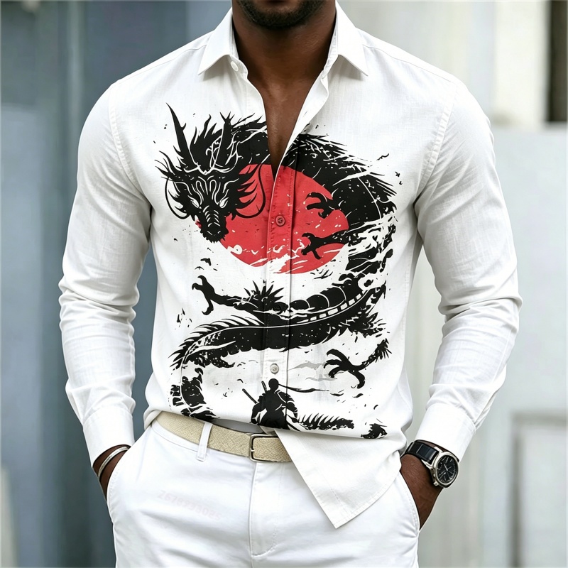 2026 신상 남성 셔츠 화이트 블랙 레드 배색 드래곤 - Street Fashion In China 리뷰 및 가격