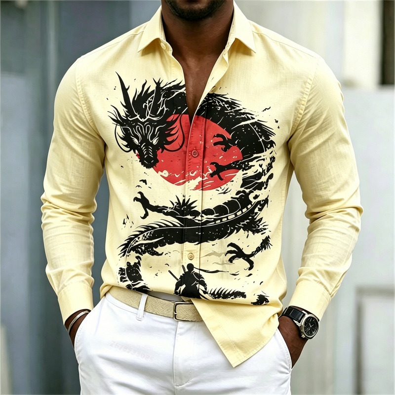2026 신상 남성 셔츠 화이트 블랙 레드 배색 드래곤 - Street Fashion In China 리뷰 및 가격