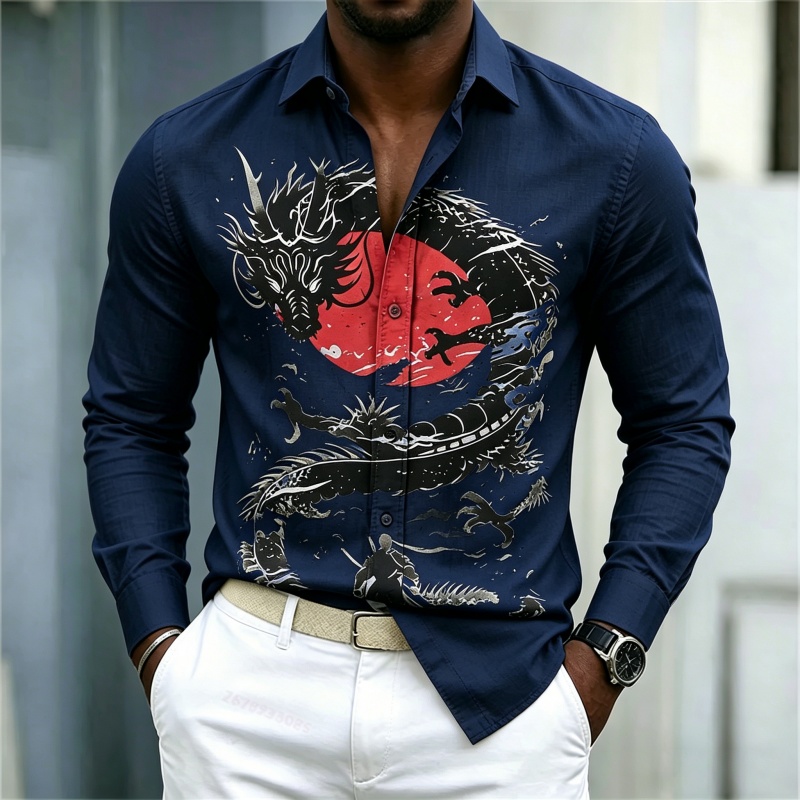 2026 신상 남성 셔츠 화이트 블랙 레드 배색 드래곤 - Street Fashion In China 리뷰 및 가격