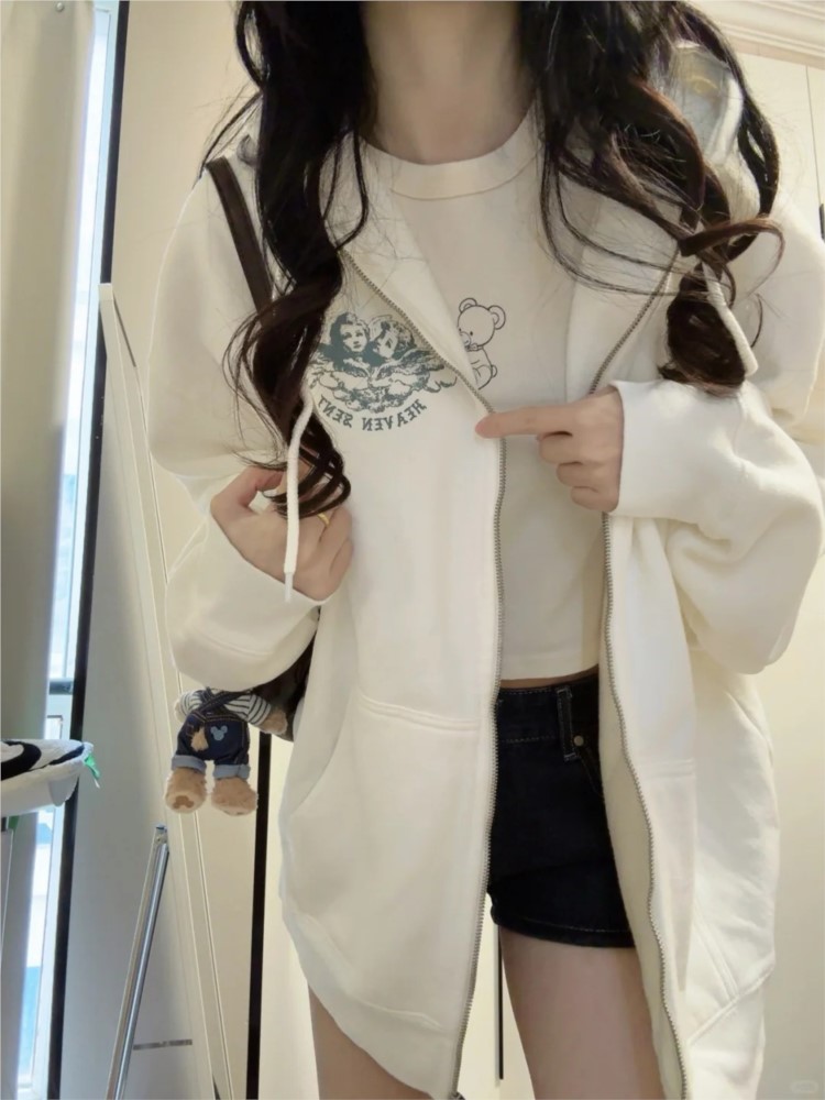 화이트 빈티지 지퍼 업 후드티 여성 가을 ​​긴 소매  - Street Fashion Zip Up Hoodie 리뷰 및 가격